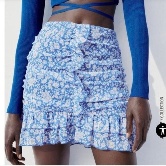 Printed Skirt Blue Ruffle Skirt Zara Zara Draped Floral Print Blue